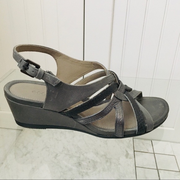 Ecco Touch 45 Grey Leather Wedge Heels Sandals - Picture 10 of 14